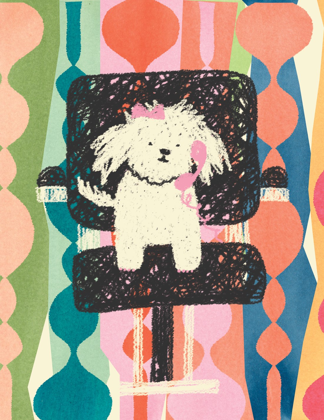 Bizou the Maltese, Sarah Stewart's 30A mascot, answering a pink telephone in an office chair